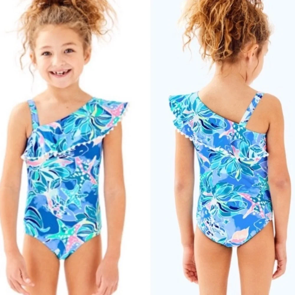 Lilly Pulitzer Girl’s Joni Swimsuit Sizes 10 & 12 in print celestial seas EUC